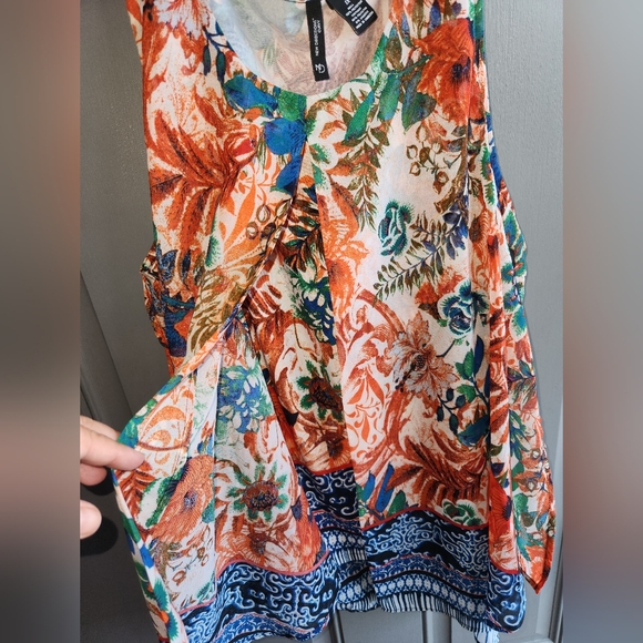 New Directions Curvy Top Blouse Plus 1X Orange Blue Sleeveless Sheer Overlay - Picture 3 of 9
